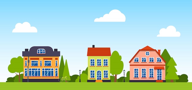 Cartoon street with houses panoramic horizontal illustration.