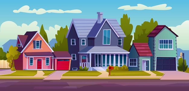 Vector cartoon street with suburban houses driveway tree