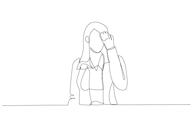 Cartoon of stress businesswoman worker feeling headache exhausted and unhappy Single line art style