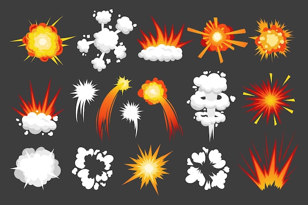 Vector cartoon strike effect white hit impact and explosion comic effect vector sound wave and smoke isolated set