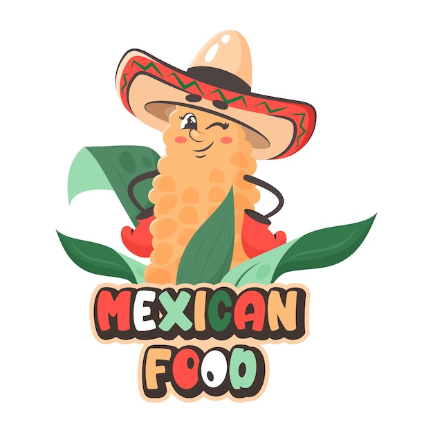 Cartoon stripfiguur maïs met sombrero mexicaans eten tekst vector