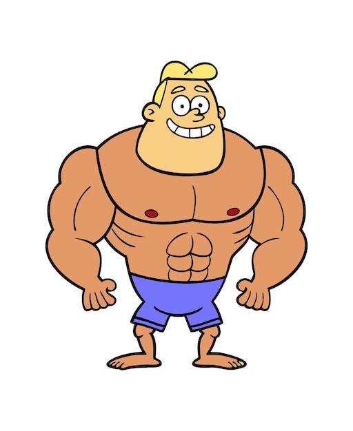 cartoon strongman character in blue shorts