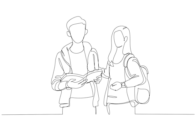 Cartoon of students couple in school library have discussion about book novel One continuous line art style