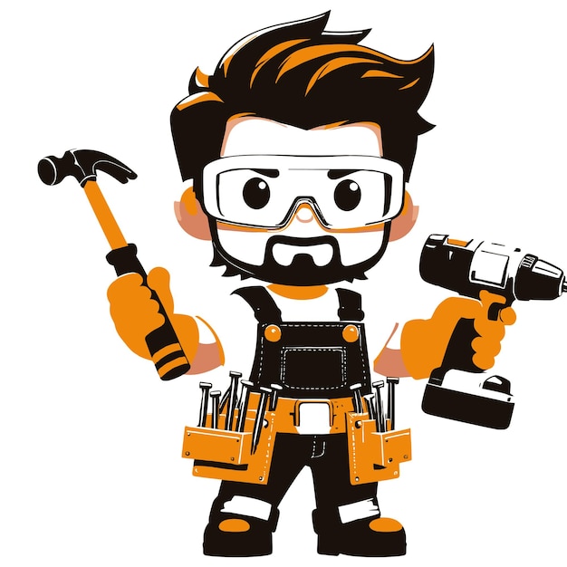 Vector cartoon style building engineer with engineering equipment vector illustrations