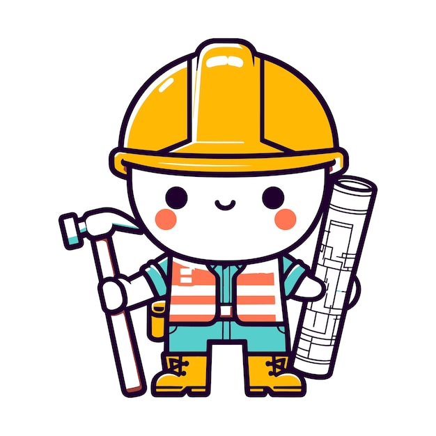 Vector cartoon style building engineer with engineering equipment vector illustrations