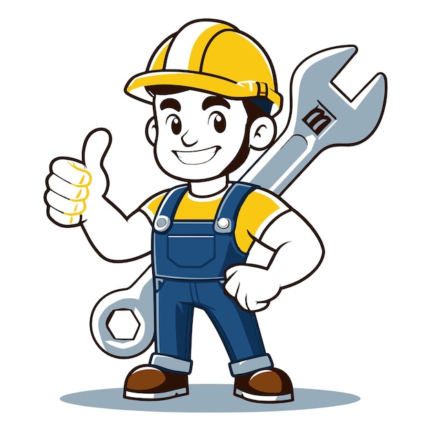 Cartoon style building engineer with engineering equipment vector illustrations