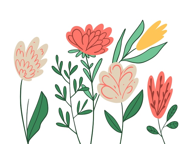 Cartoon style colorful flowers set Hand drawn natural floral vector illustration