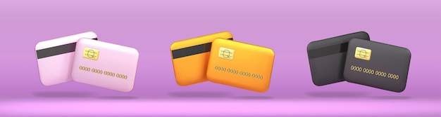 Vettore icona 3d della carta di credito in stile cartone animato morbido lilla e carta di credito nera isolata illustrazione 3d