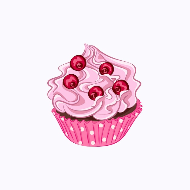 Vector cartoon style cupcake with pink whipped cream and red berry in the paper holder vector icon isolated on the white background