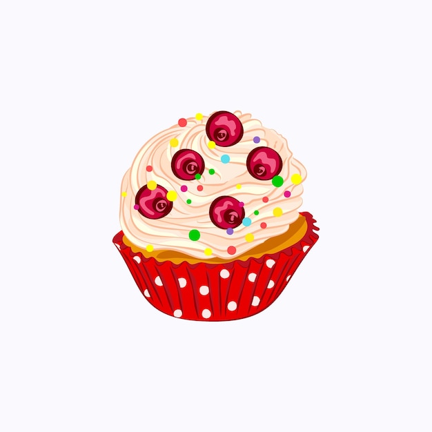 Cartoon style cupcake with whipped cream and berry in the red paper holder vector icon isolated on the white background