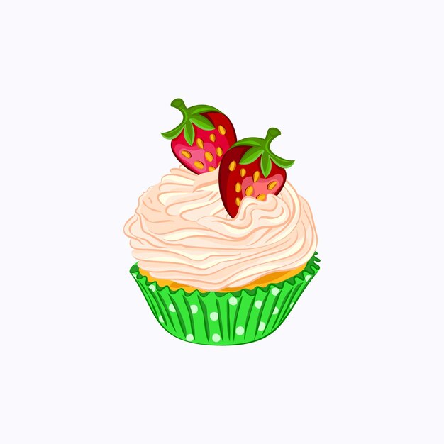 Cartoon style cupcake with whipped cream and strawberry in the green paper holder vector icon isolated on the white background