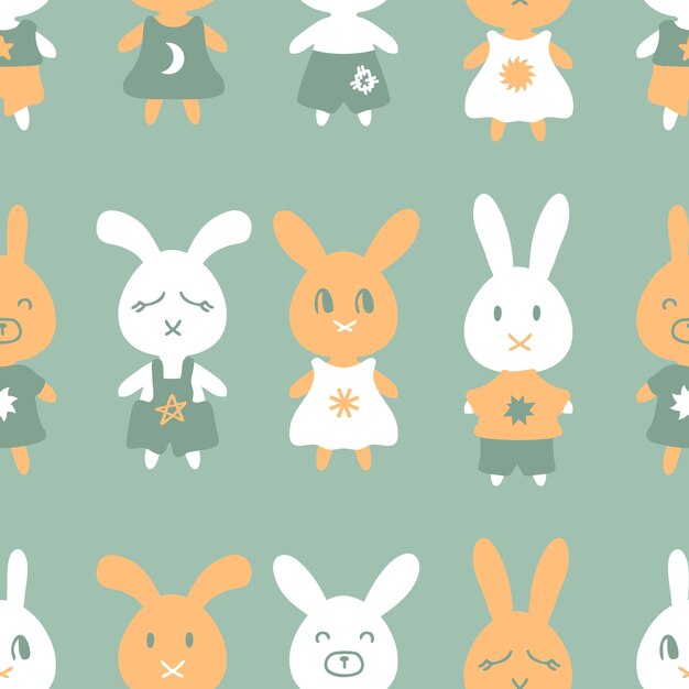 漫画スタイルのかわいいウサギのシームレスなパターン t シャツのテキスタイルとファブリックの完璧な幼稚なプリント装飾とデザインの手描きのベクトル図
