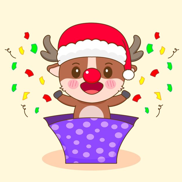 Vector cartoon style cute reindeer character popped out from gift box