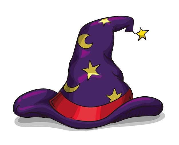 Cartoon style design with purple wizard hat decorated with moon and stars Vector Illustration