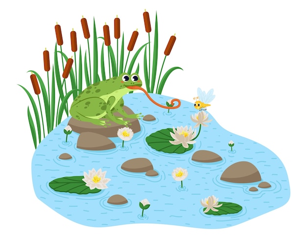 Vector cartoon style frog seamless pattern. happy frog sit.