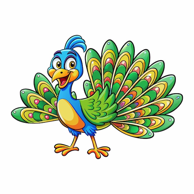 A cartoon style happy peacock dancing best for story book and tshirt design