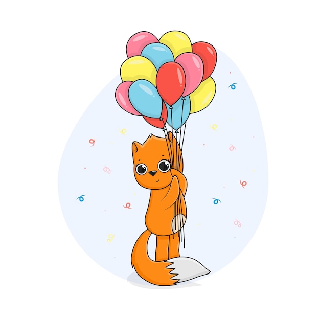 Illustrazione in stile cartone animato colori luminosi volpe palloncini
