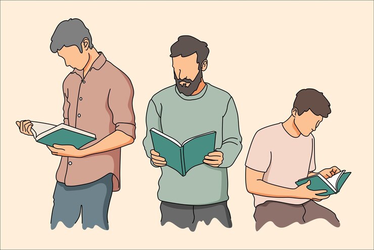 A cartoon style illustration depicts three faceless men in different poses reading books