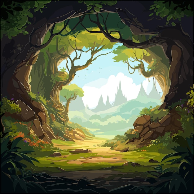 A cartoon style illustration of a forest with a path through it game background