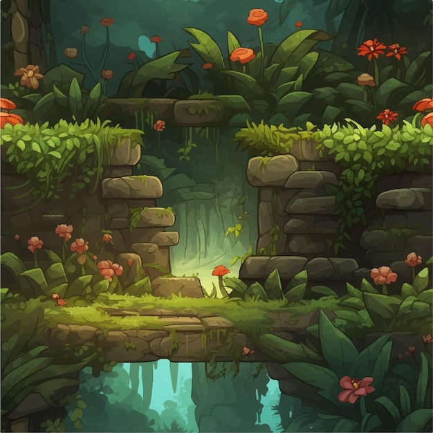a cartoon style illustration of a stone wall with plants and flowers game background