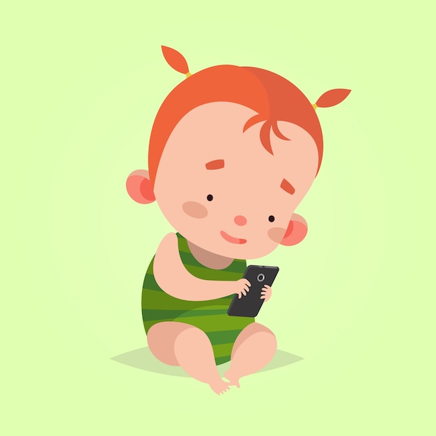 漫画のスタイル。孤立したキャラクター。子供のための最新技術。スマートフォンを持つ赤ちゃんの幼児の女の子。