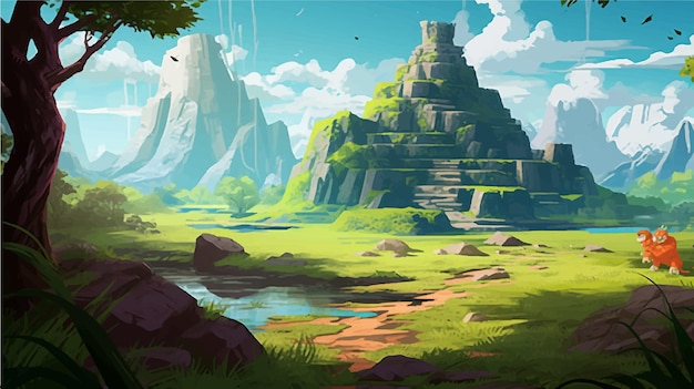 Vector a cartoon style landscape with a mountain and a river castle game background