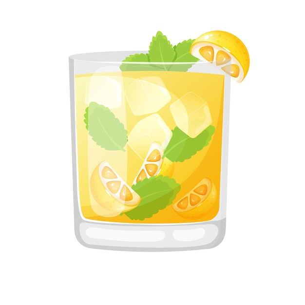 Vector cartoon style lemonade in a glass with ice cube lemon and mint