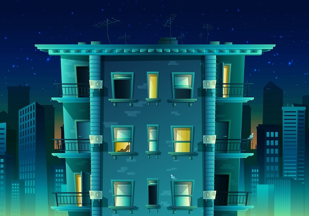 Cartoon style night city on blue light. building with many floors and windows with balconies.