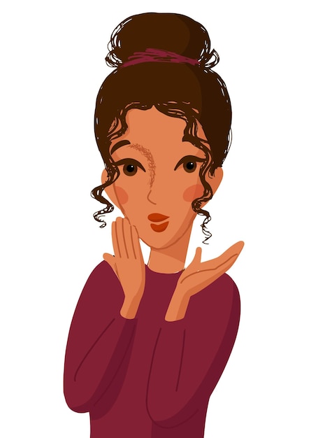 Cartoon style portrait, amazed cute woman with hands in front of mouth