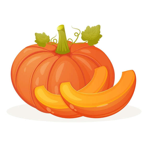 Cartoon style pumpkin with two slices