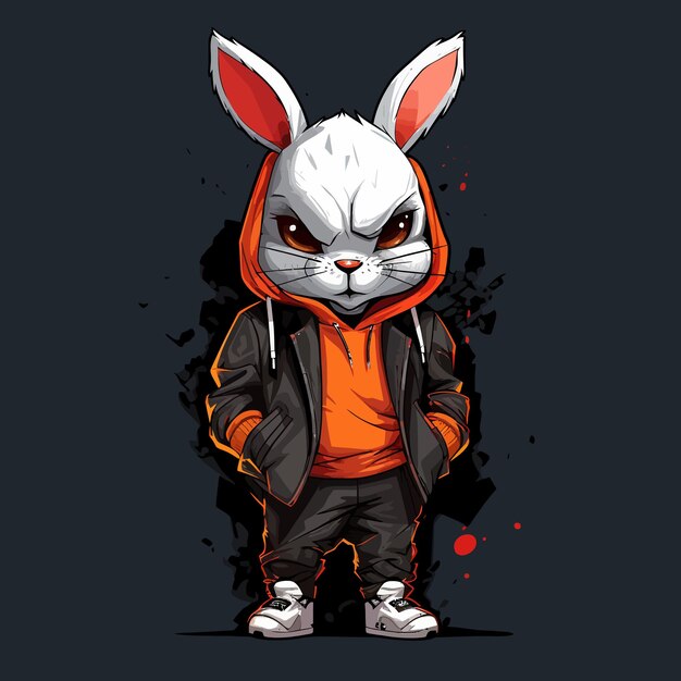 A cartoon style rabbit in a black jacket