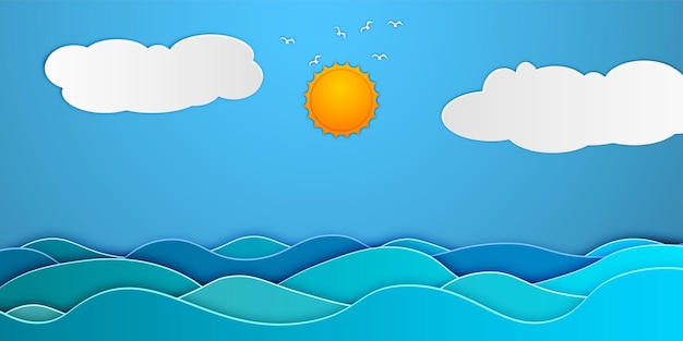 종이 컷 효과가 있는 만화 스타일의 바다와 태양 템플릿