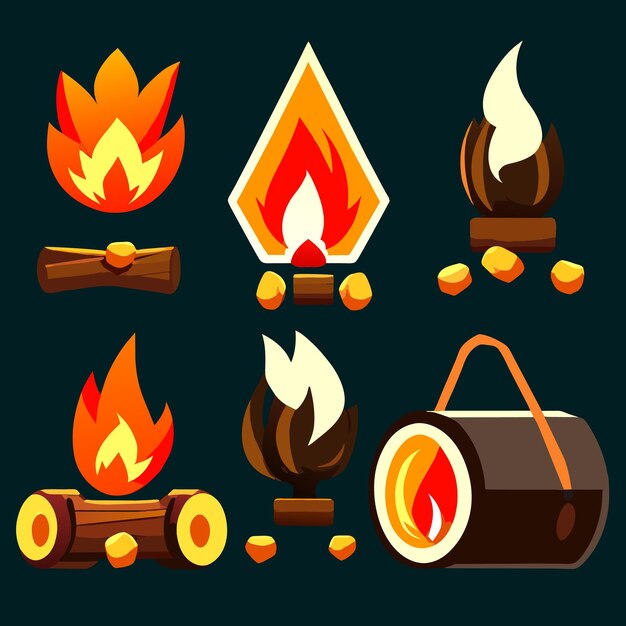 Vector cartoon style set of game camp fire sprites for animation game