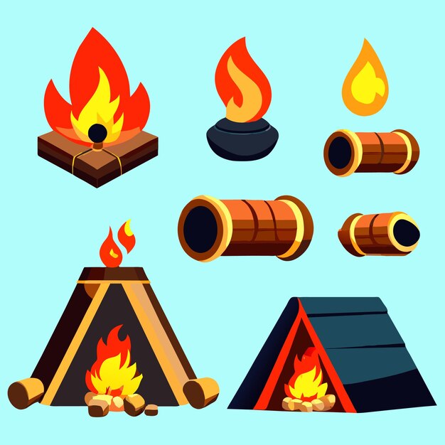 Vector cartoon style set of game camp fire sprites for animation game