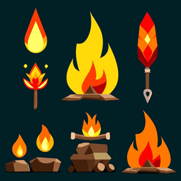 Vector cartoon style set of game camp fire sprites for animation game