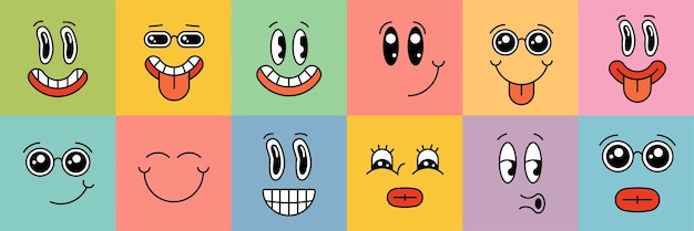 Cartoon style smiley character face set on square colorful background different emotions emoji