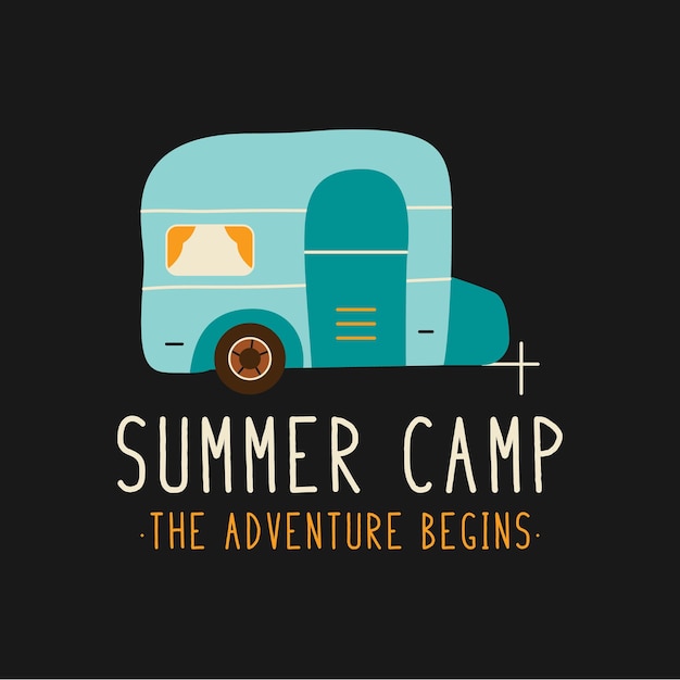 Cartoon style trailer depicted over summer camp the adventure begins on t shirt design