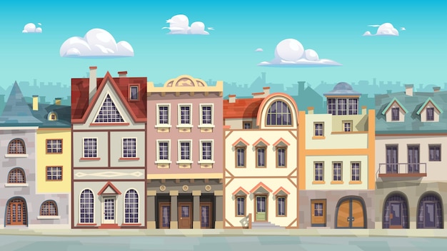 A cartoon style various houses facade street