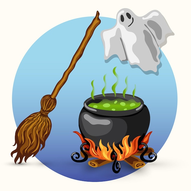 Cartoon style vector halloween card design with ghost, broom, witch cauldron with boiling poison and bonfire