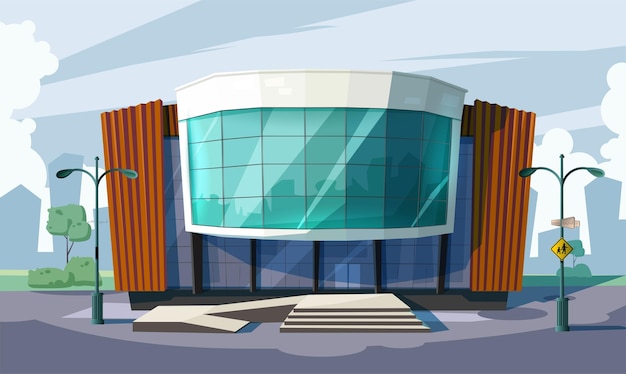 Vector cartoon style vector icon. office building on a city site background.