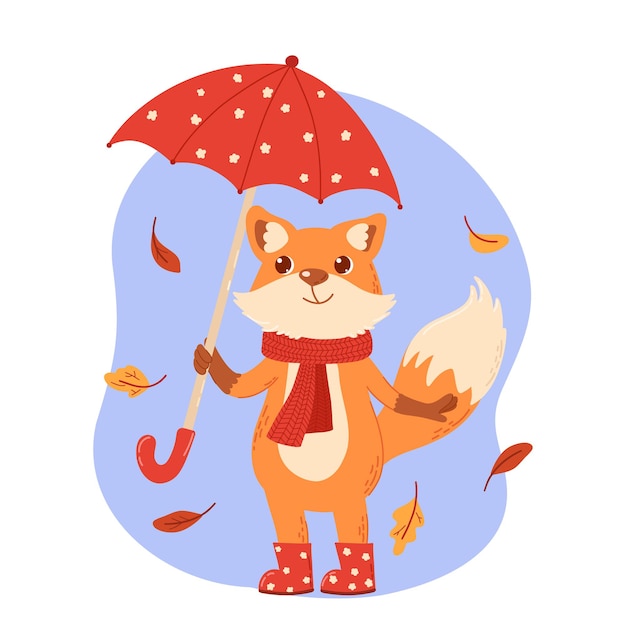 Cartoon style vector image of a cute fox in a scarf and gumboots with umbrella surrounded with autumn leaves