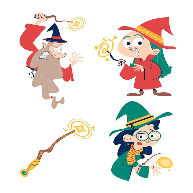 Cartoon style witches and magic stickers