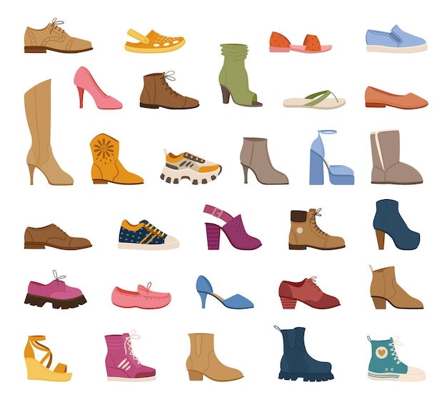 Мультфильм стильная мужская и женская обувь повседневная обувь и сапоги векторные символы иллюстрации набор