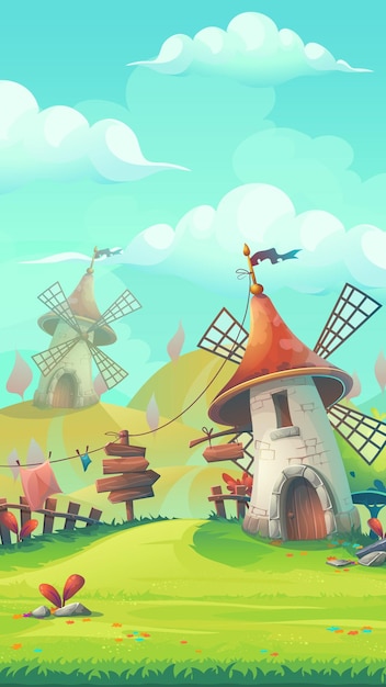 Cartoon stylized illustration on the theme of the european landscape with a windmill mobile format