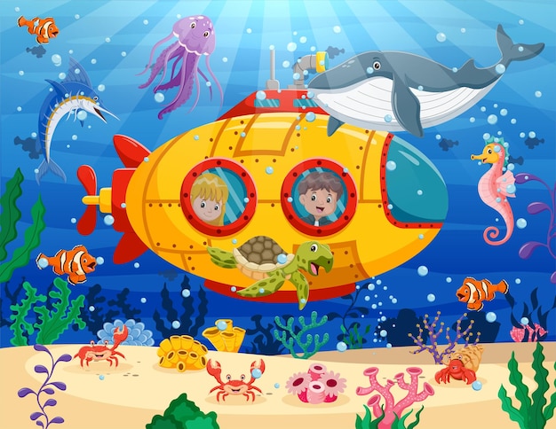 Cartoon Submarine Under The Sea Small inquisitive children on bathyscaphe explore underwater world