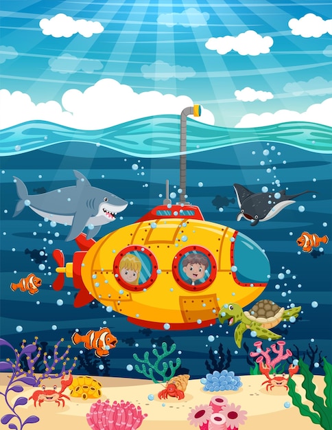 Vector cartoon submarine under the sea kleine nieuwsgierige kinderen op een bathyscaphe verkennen de onderwaterwereld