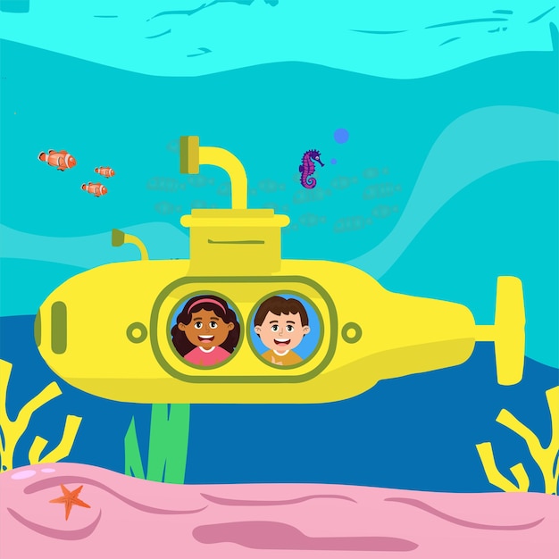 Vector a cartoon of a submarine with a couple of kids on it.