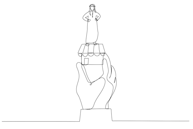 Мультфильм об успехе арабского бизнесмена, держащего флаг победителя на маленьком магазине в гигантской руке Метафора идеи малого бизнеса успешный предприниматель Непрерывное линейное искусство
