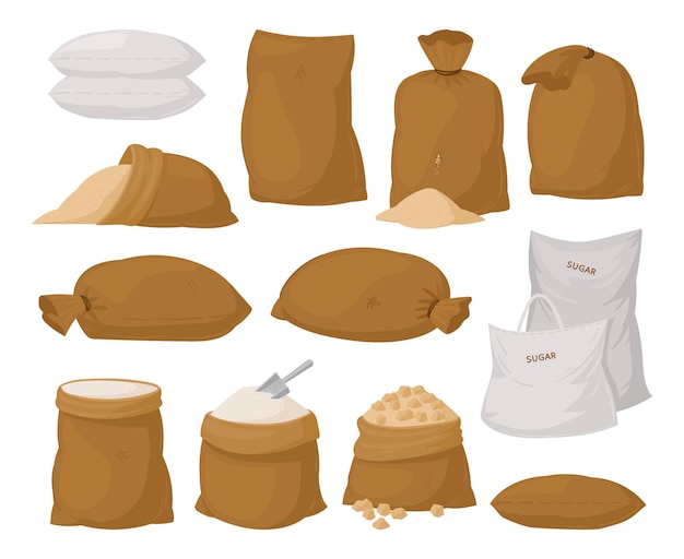 Cartoon suikerriet product tas suiker zak tassen platte vector illustratie collectie