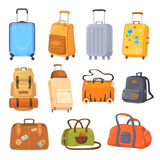 Vettore ruote e borse per valigie dei cartoni animati pacchetto di viaggio turistico tipi di bagagli da viaggio maniglia zaino carrello di plastica zaino aeroporto moda valigetta viaggio insieme illustrazione vettoriale ordinata